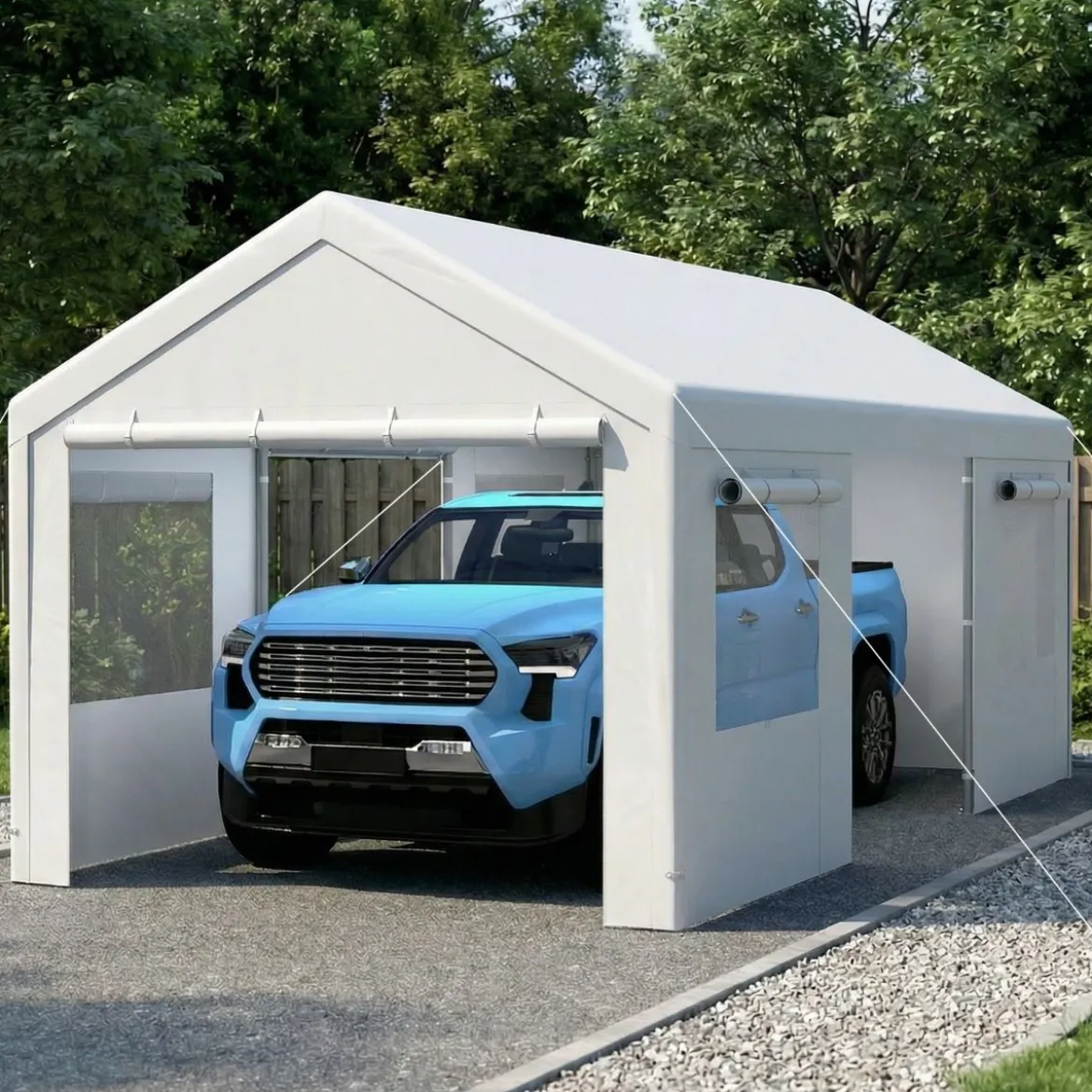 Winterfeste Zeltgarage mit Abnehmbaren Seitenwänden & Rolltüren & Belüfteten Fenstern Carport Weiß
