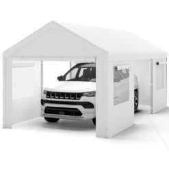 Winterfeste Zeltgarage mit Abnehmbaren Seitenwänden & Rolltüren & Belüfteten Fenstern Carport Weiß