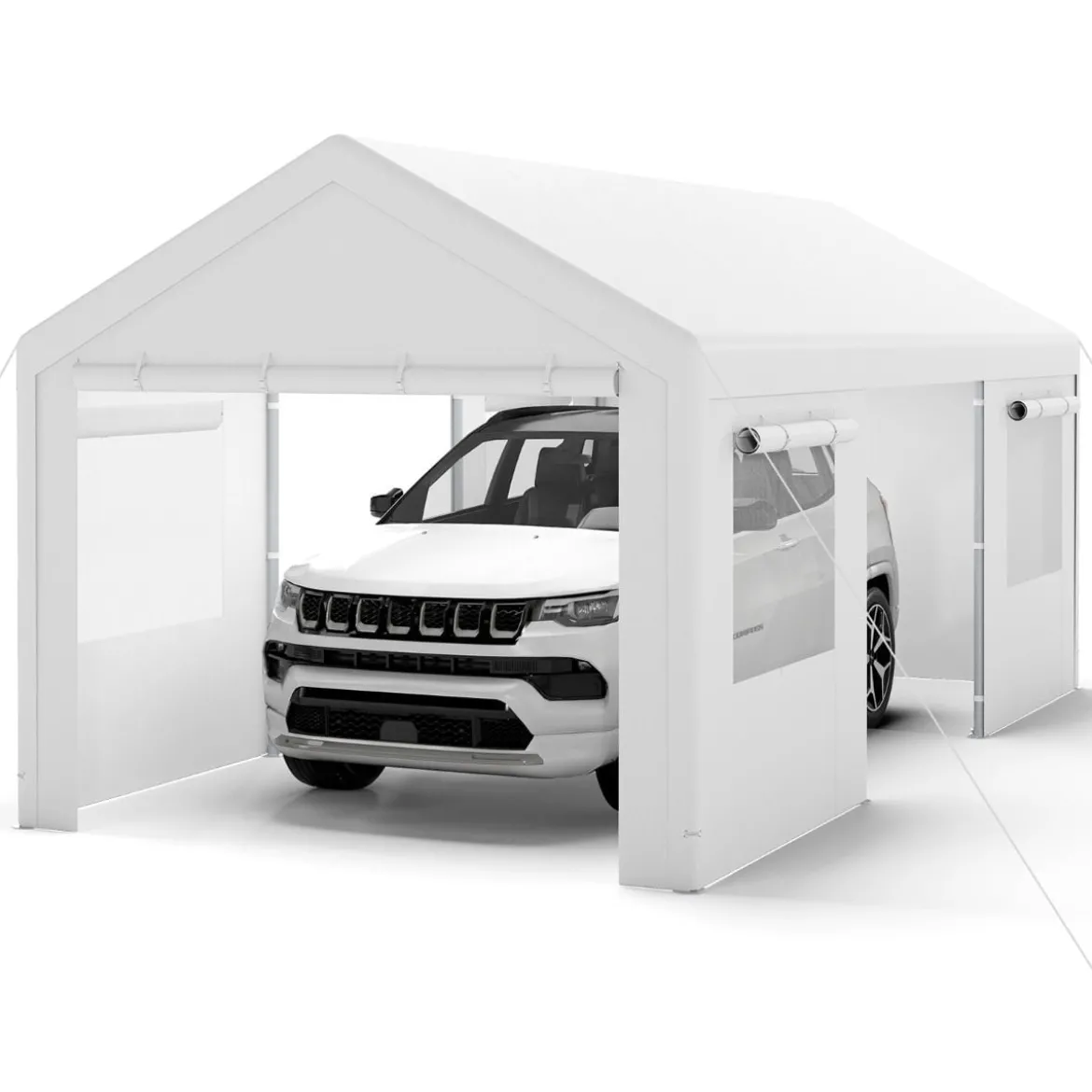 Winterfeste Zeltgarage mit Abnehmbaren Seitenwänden & Rolltüren & Belüfteten Fenstern Carport Weiß