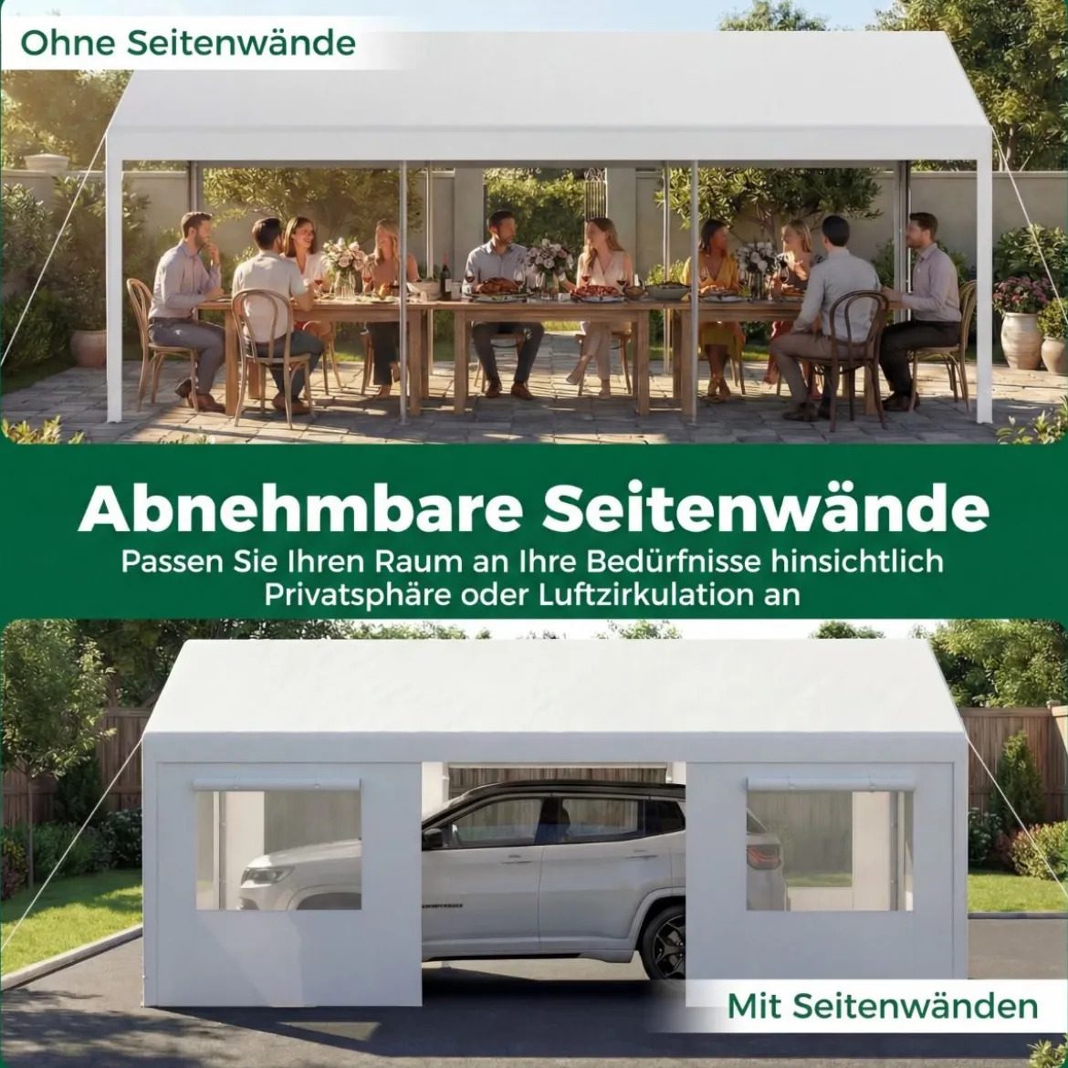 Winterfeste Zeltgarage mit Abnehmbaren Seitenwänden & Rolltüren & Belüfteten Fenstern Carport Weiß