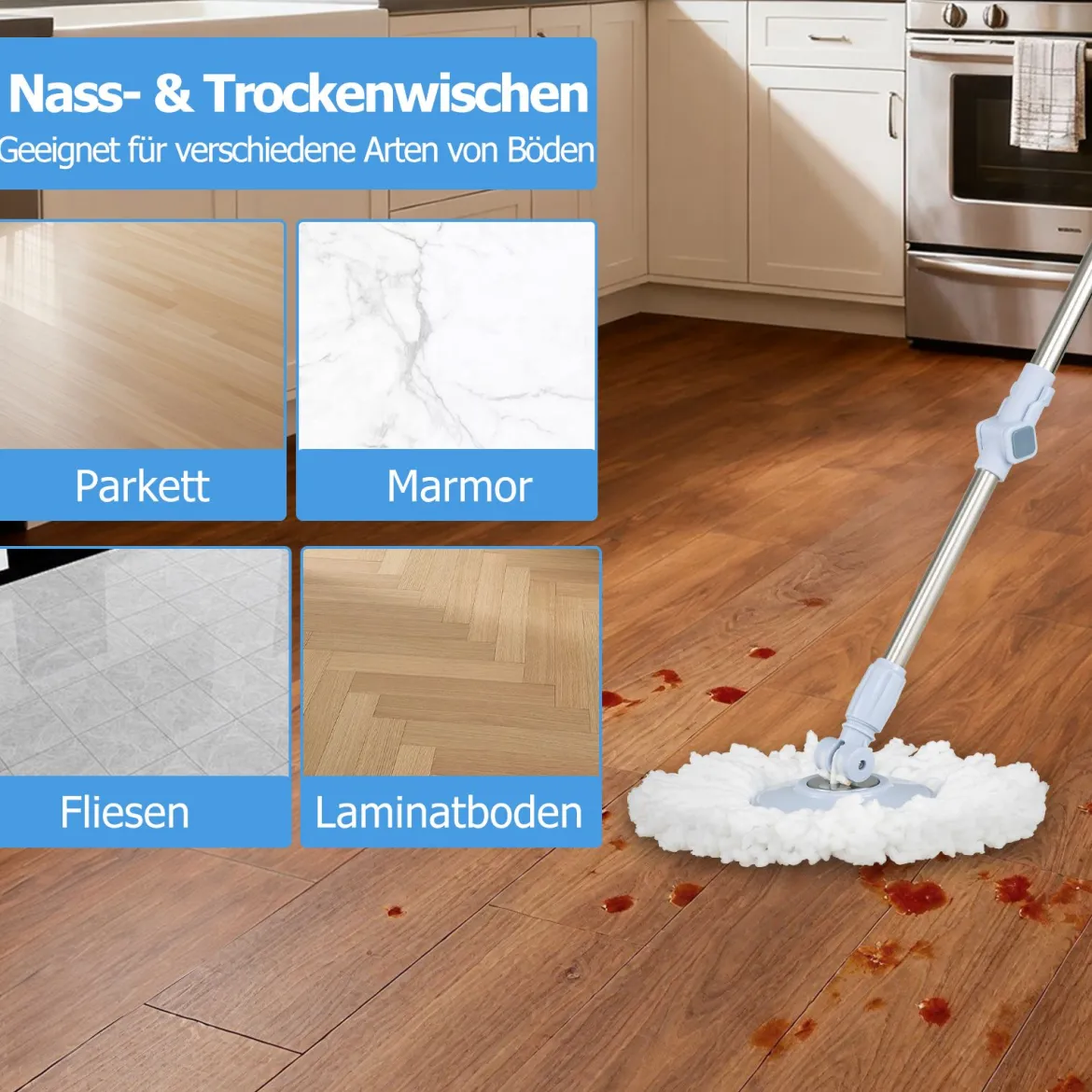 Wischmopp & Eimer-Set mit 7 Runden Wischmopp-Bezügen & 1 Rechteckigen Wischmopp-Bezügen
