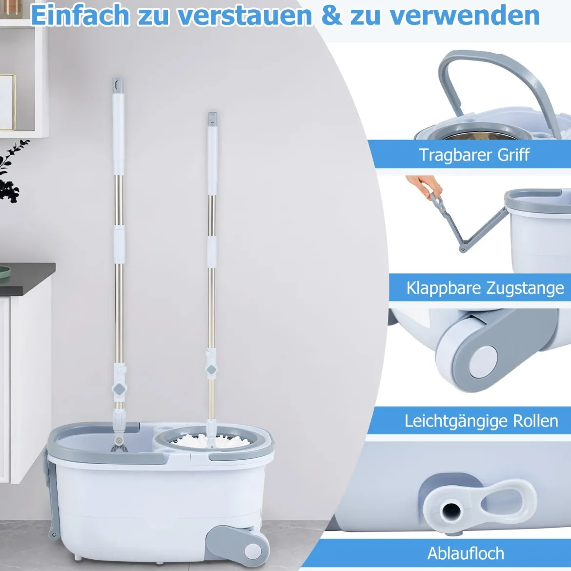 Wischmopp & Eimer-Set mit 7 Runden Wischmopp-Bezügen & 1 Rechteckigen Wischmopp-Bezügen
