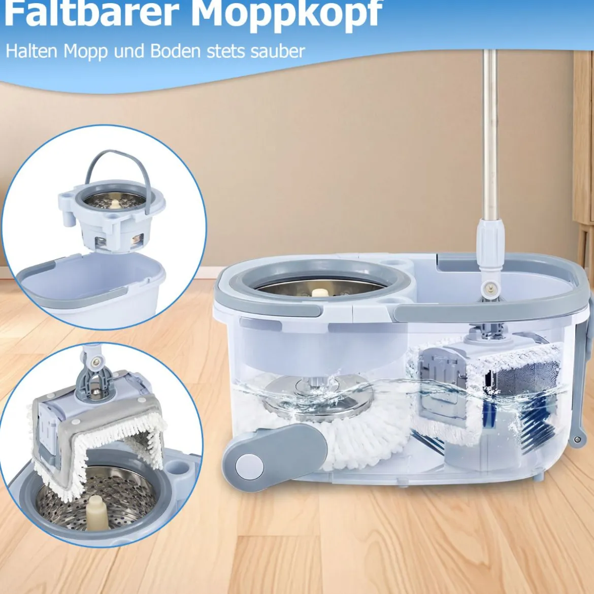 Wischmopp & Eimer-Set mit 7 Runden Wischmopp-Bezügen & 1 Rechteckigen Wischmopp-Bezügen