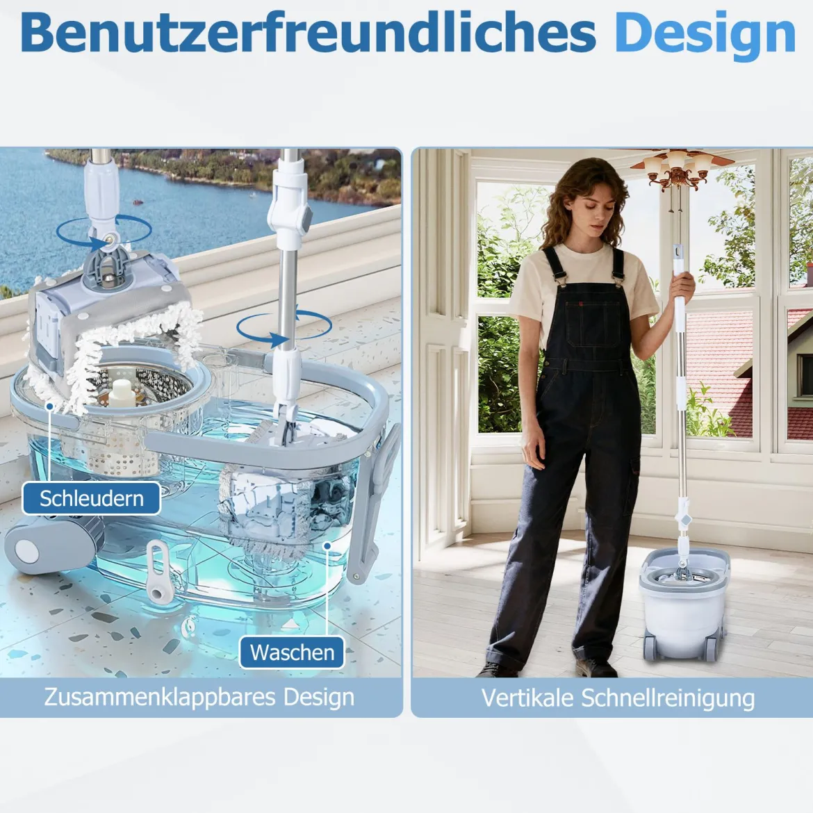 Wischmopp & Eimer-Set mit 7 Runden Wischmopp-Bezügen & 1 Rechteckigen Wischmopp-Bezügen