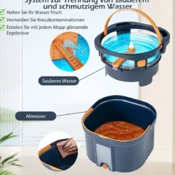 Wischmopp und Eimersystem mit Abwassertrennung & Auswringfunktion & 360° Drehmoppkopf Blau