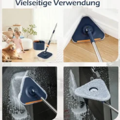 Wischmopp und Eimersystem mit Abwassertrennung & Auswringfunktion & 360° Drehmoppkopf Blau