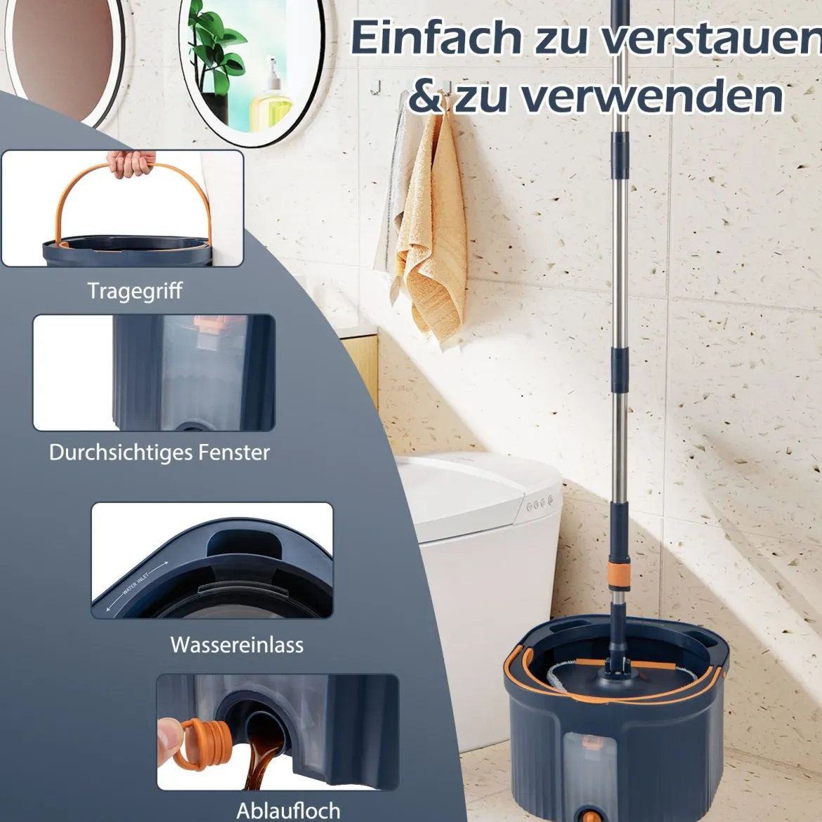 Wischmopp und Eimersystem mit Abwassertrennung & Auswringfunktion & 360° Drehmoppkopf Blau