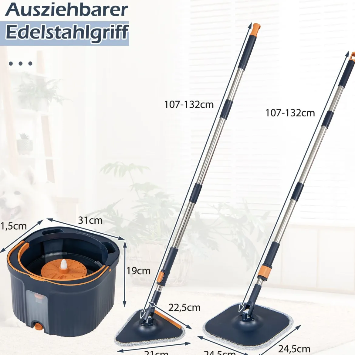 Wischmopp und Eimersystem mit Abwassertrennung & Auswringfunktion & 360° Drehmoppkopf Blau