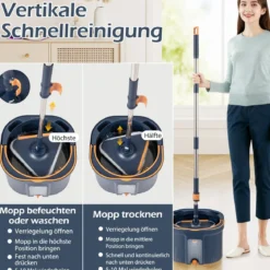 Wischmopp und Eimersystem mit Abwassertrennung mit 6 Ersatz-Moppköpfe Blau