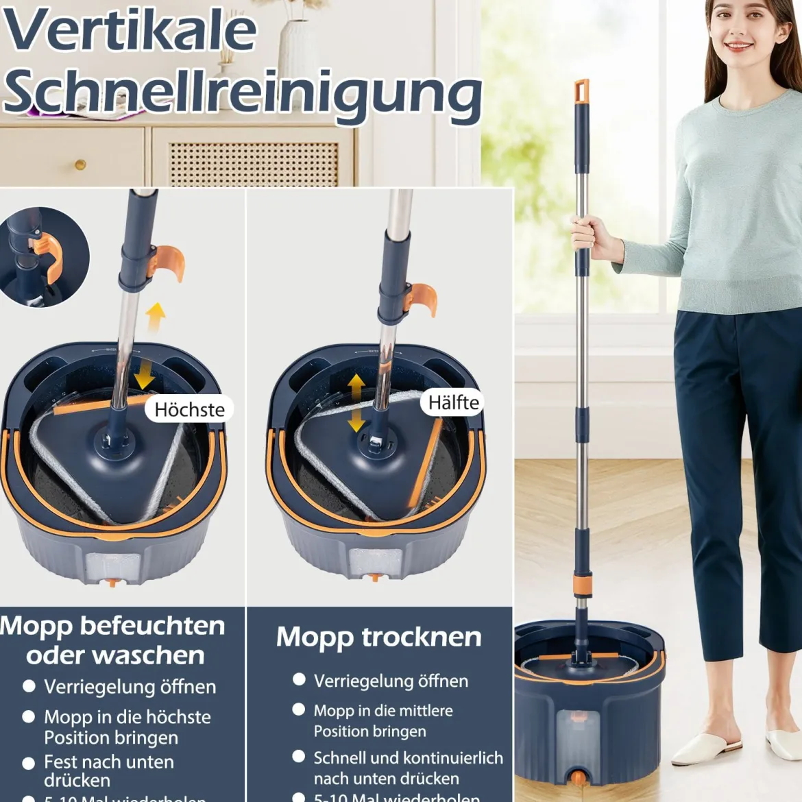 Wischmopp und Eimersystem mit Abwassertrennung mit 6 Ersatz-Moppköpfe Blau