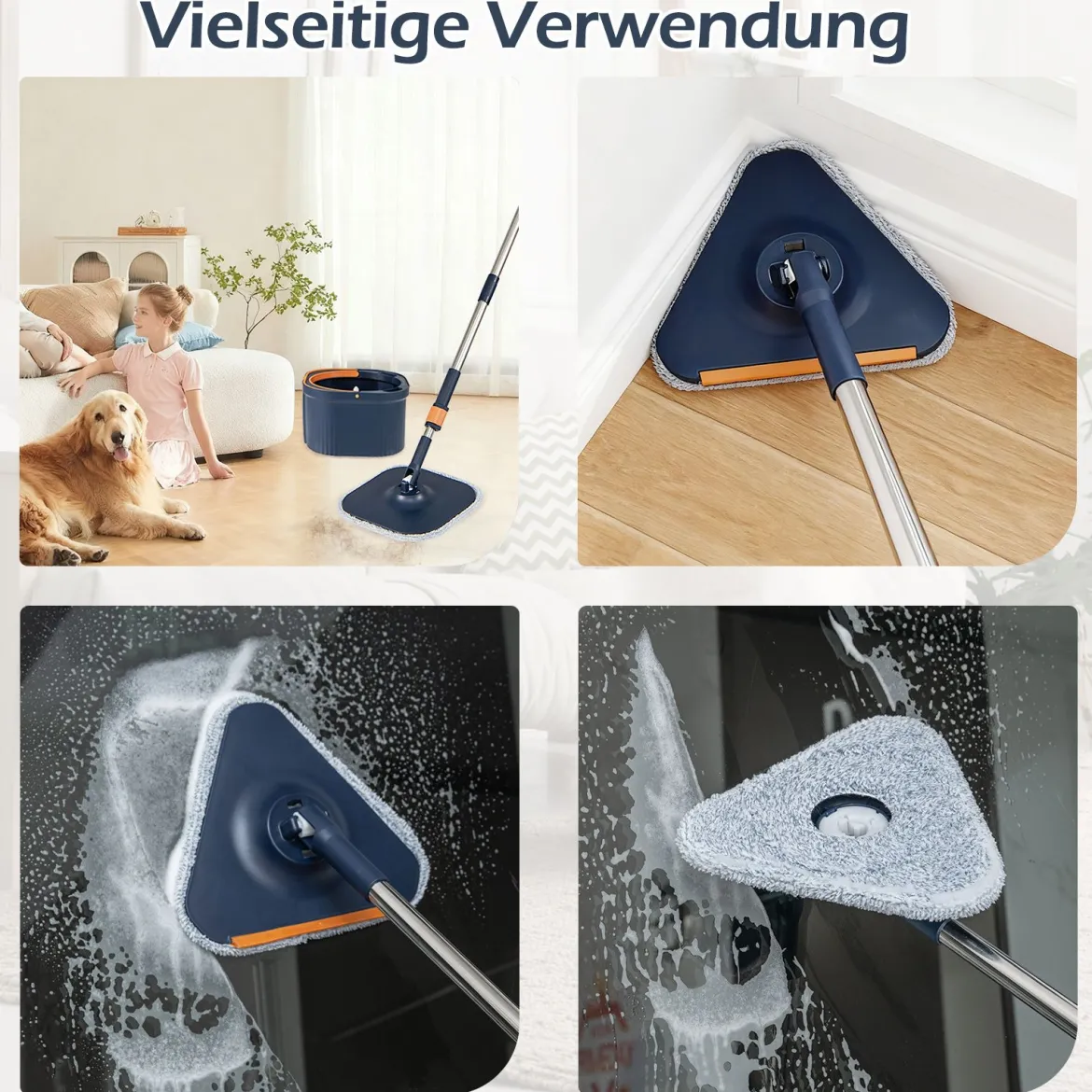 Wischmopp und Eimersystem mit Abwassertrennung mit 6 Ersatz-Moppköpfe Blau