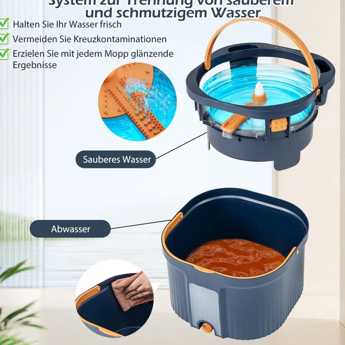 Wischmopp und Eimersystem mit Abwassertrennung mit 6 Ersatz-Moppköpfe Blau