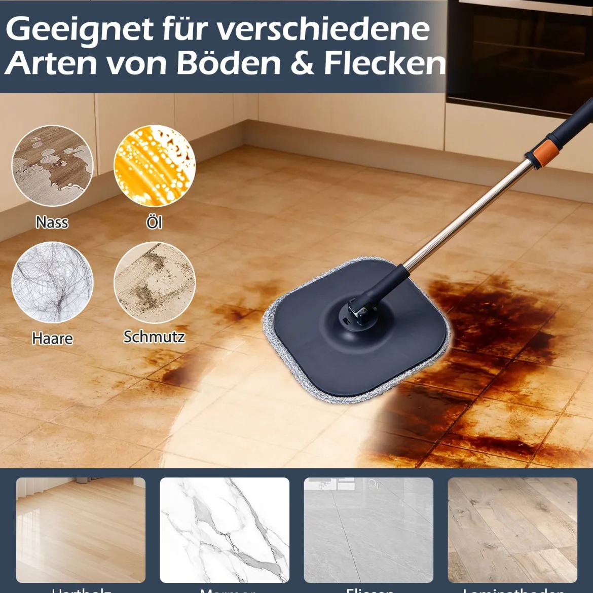 Wischmopp und Eimersystem mit Abwassertrennung mit 6 Ersatz-Moppköpfe Blau