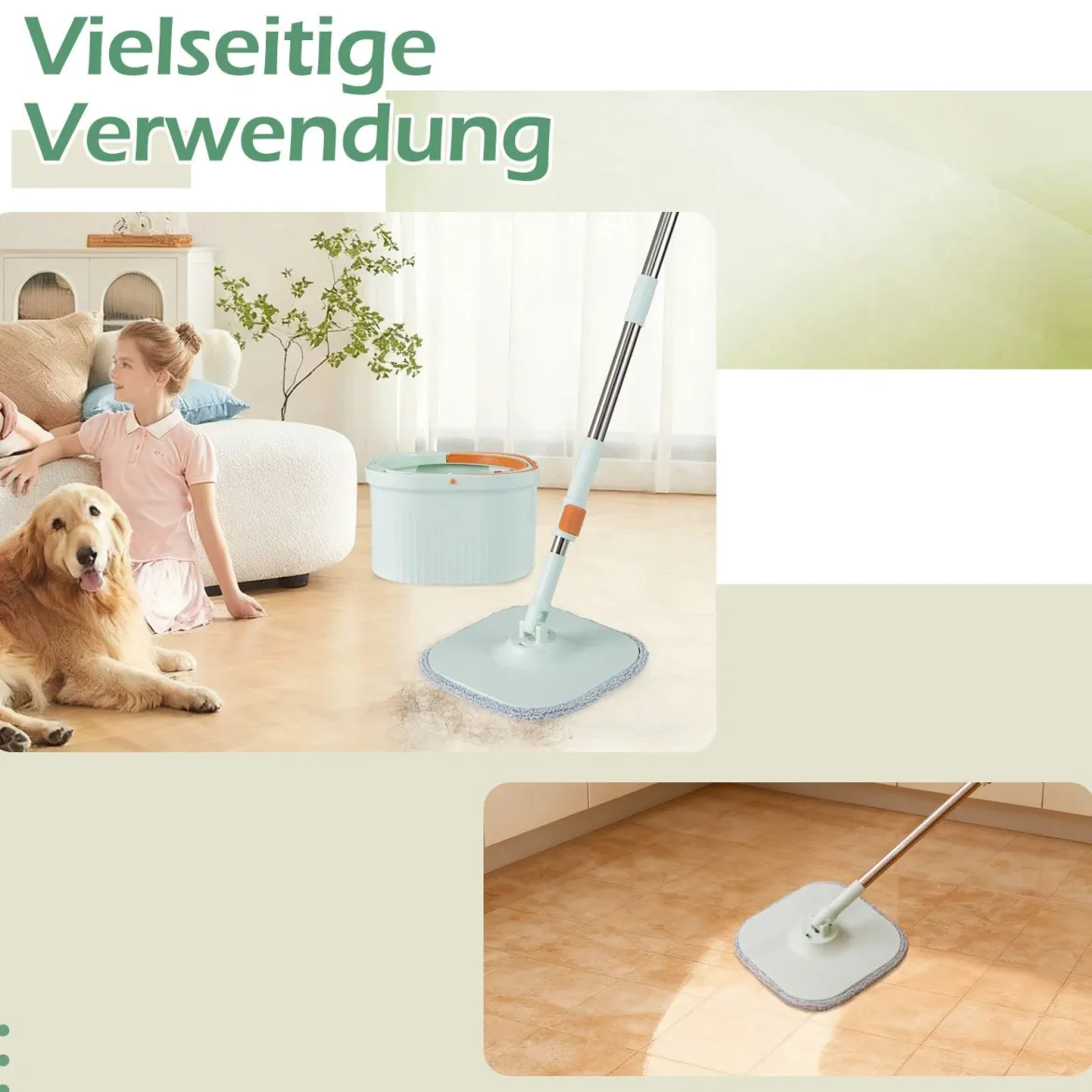 Wischmopp und Eimersystem mit Auswringfunktion & Abwassertrennung & 360° Drehmoppkopf Grün