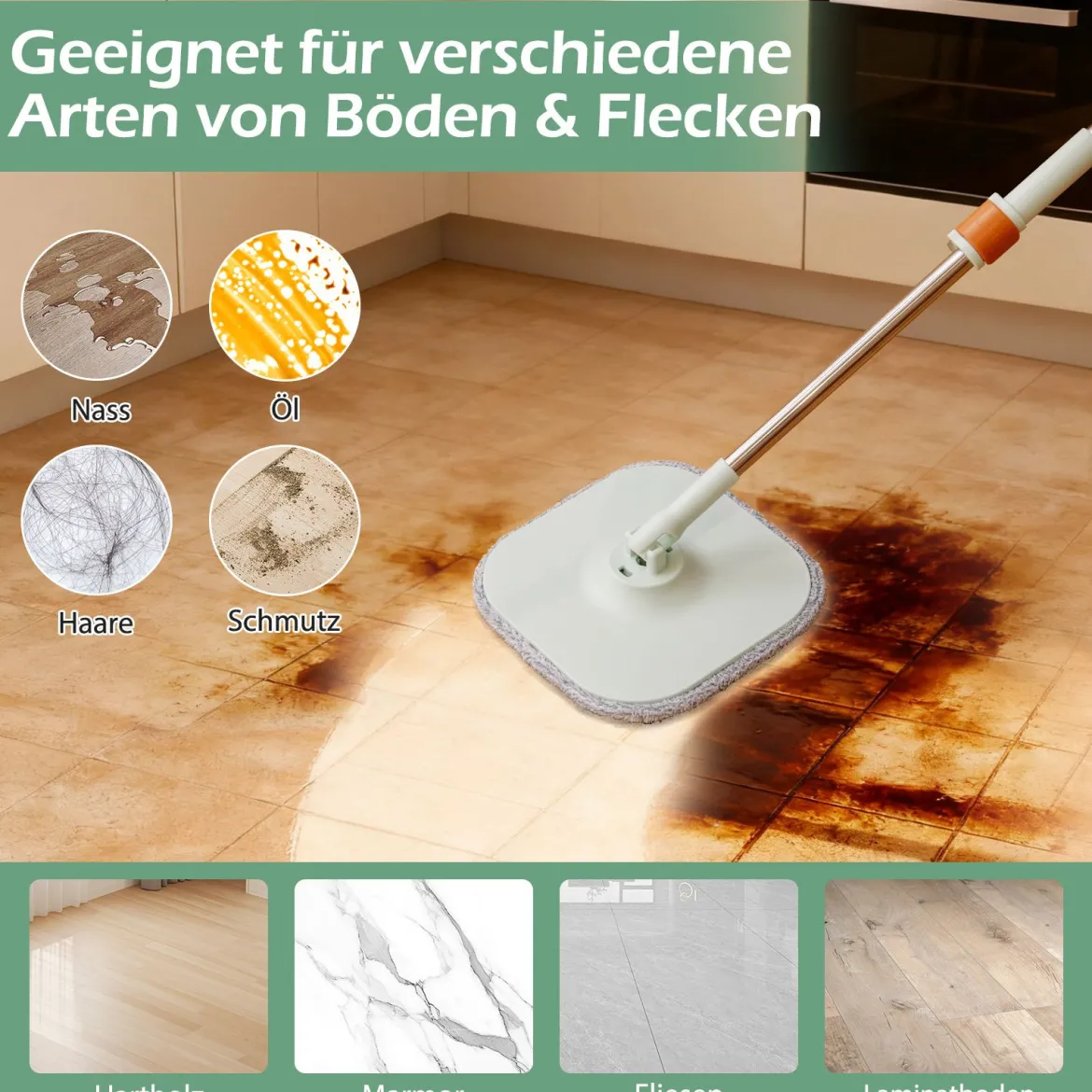 Wischmopp und Eimersystem mit Auswringfunktion & Abwassertrennung & 360° Drehmoppkopf Grün