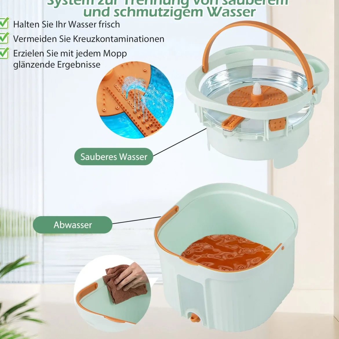 Wischmopp und Eimersystem mit Auswringfunktion & Abwassertrennung & 360° Drehmoppkopf Grün