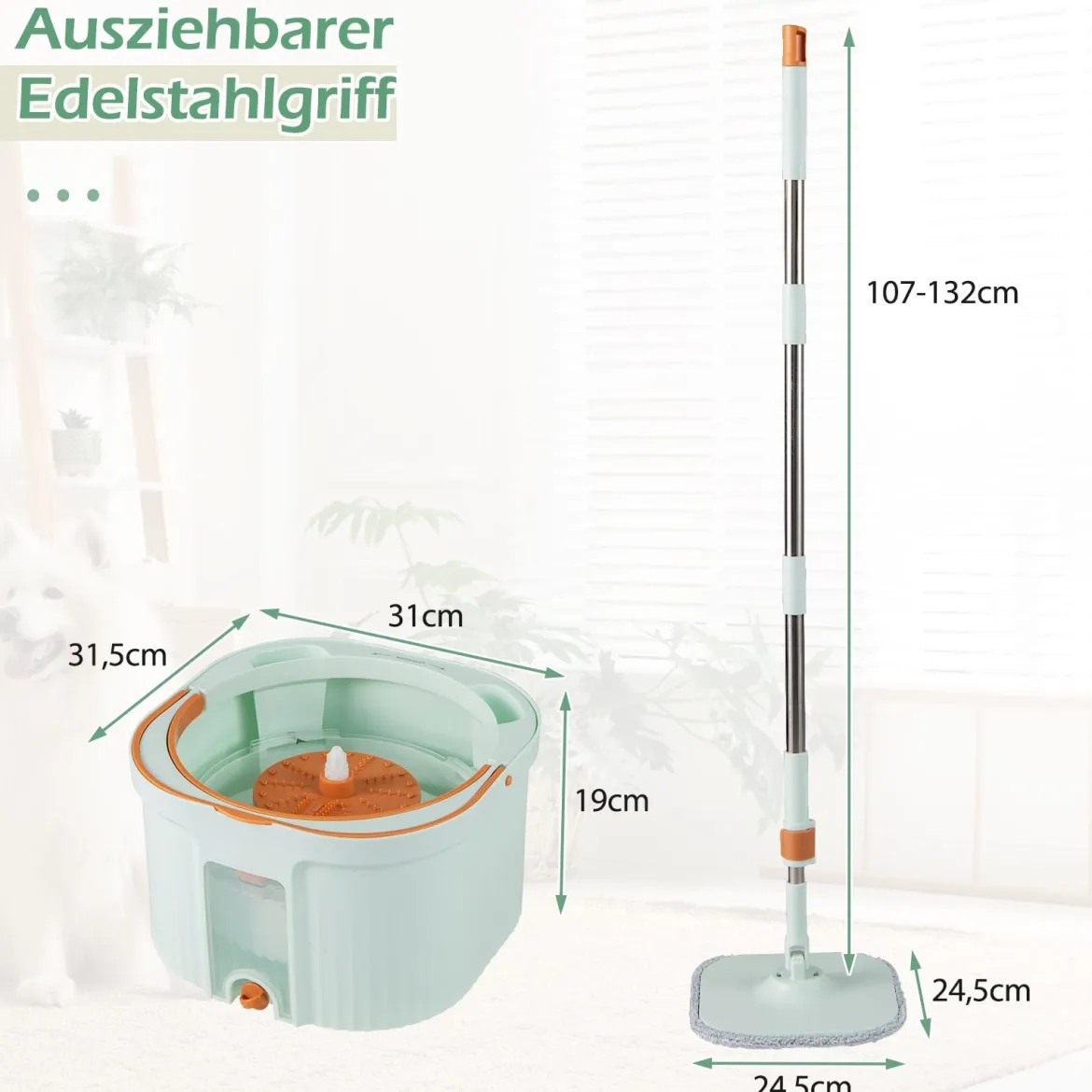 Wischmopp und Eimersystem mit Auswringfunktion & Abwassertrennung & 360° Drehmoppkopf Grün