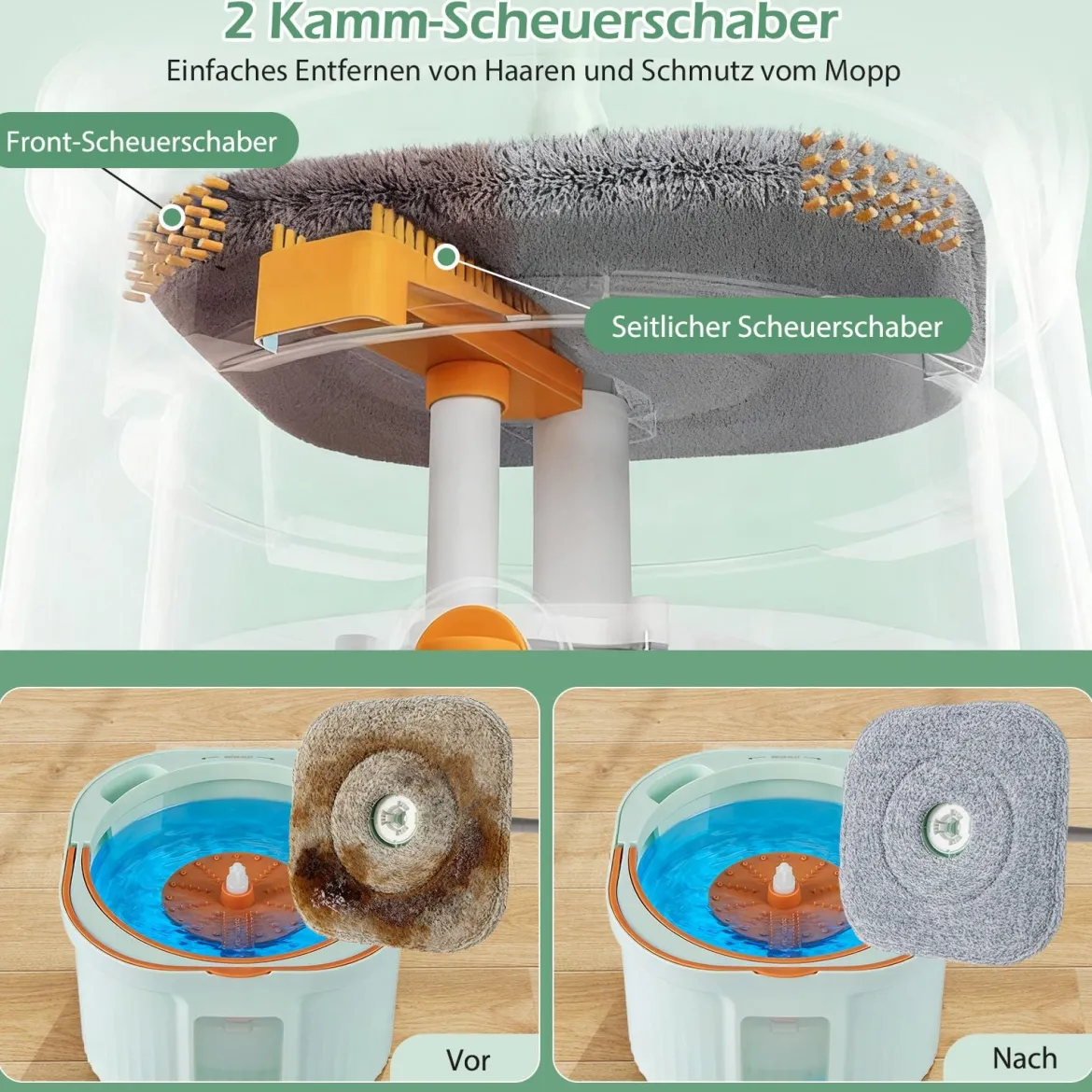 Wischmopp und Eimersystem mit Auswringfunktion & Abwassertrennung & 360° Drehmoppkopf Grün