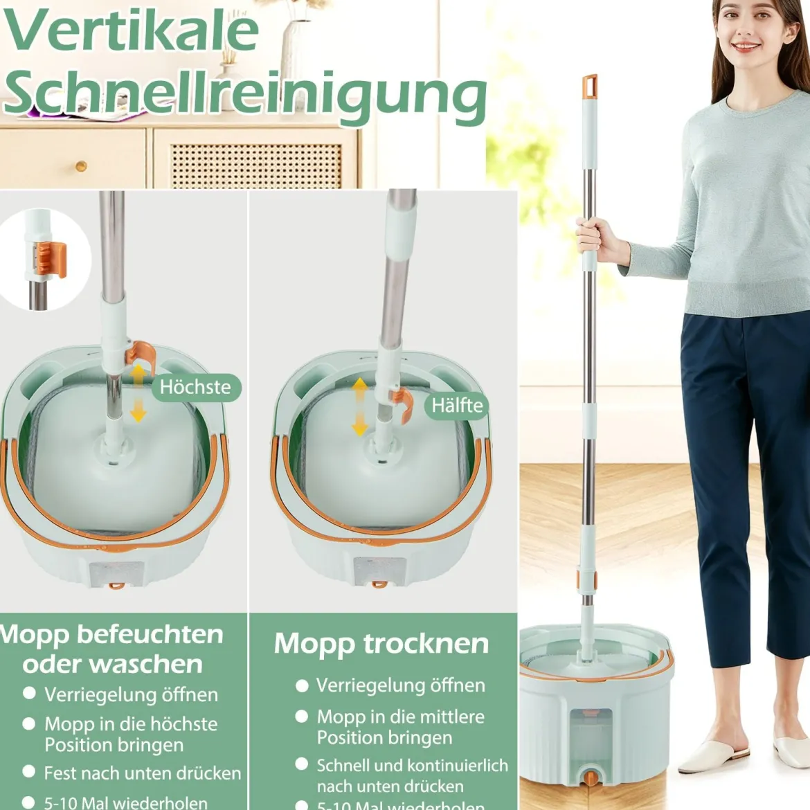 Wischmopp und Eimersystem mit Auswringfunktion & Abwassertrennung & 360° Drehmoppkopf Grün