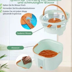 Wischmopp und Eimersystem mit Auswringfunktion & Abwassertrennung mit 6 Ersatz-Moppköpfe Grün