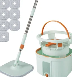 Wischmopp und Eimersystem mit Auswringfunktion & Abwassertrennung mit 6 Ersatz-Moppköpfe Grün
