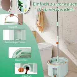 Wischmopp und Eimersystem mit Auswringfunktion & Abwassertrennung mit 6 Ersatz-Moppköpfe Grün