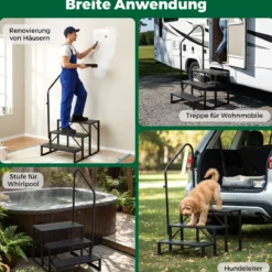 Wohnmobil-Treppe mit Handlauf Schwerlast-Treppenstufe für Whirlpool mit breiten rutschfesten Plattformen Schwarz
