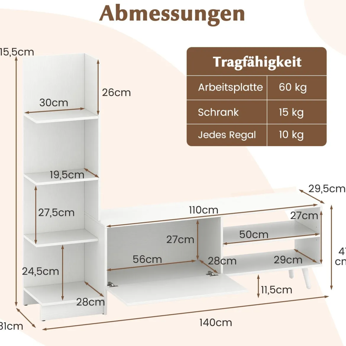 Wohnwand Fernsehtisch für TV bis zu 50 Zoll TV Schrank mit Bücherregal & verstellbarem Regal Weiß 140 x 31 x 115,5 cm