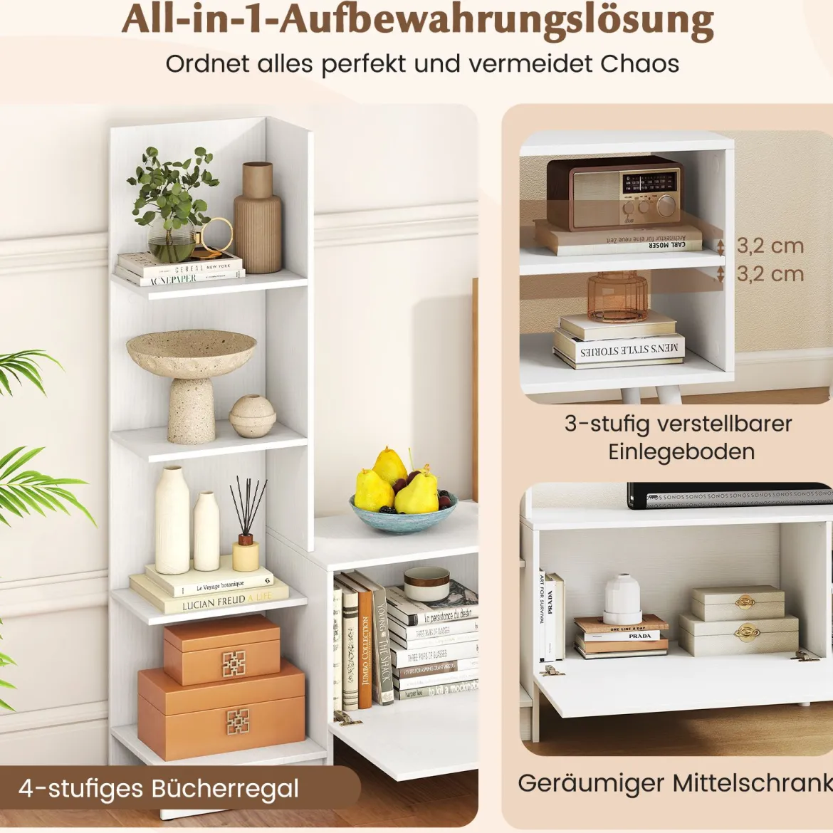 Wohnwand Fernsehtisch für TV bis zu 50 Zoll TV Schrank mit Bücherregal & verstellbarem Regal Weiß 140 x 31 x 115,5 cm