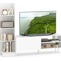 Wohnwand Fernsehtisch für TV bis zu 50 Zoll TV Schrank mit Bücherregal & verstellbarem Regal Weiß 140 x 31 x 115,5 cm