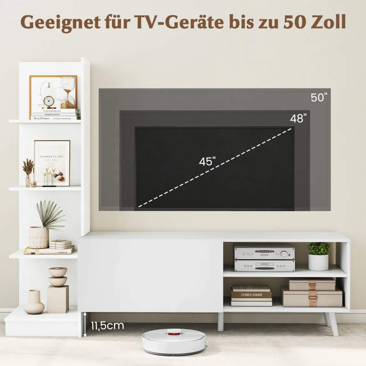 Wohnwand Fernsehtisch für TV bis zu 50 Zoll TV Schrank mit Bücherregal & verstellbarem Regal Weiß 140 x 31 x 115,5 cm