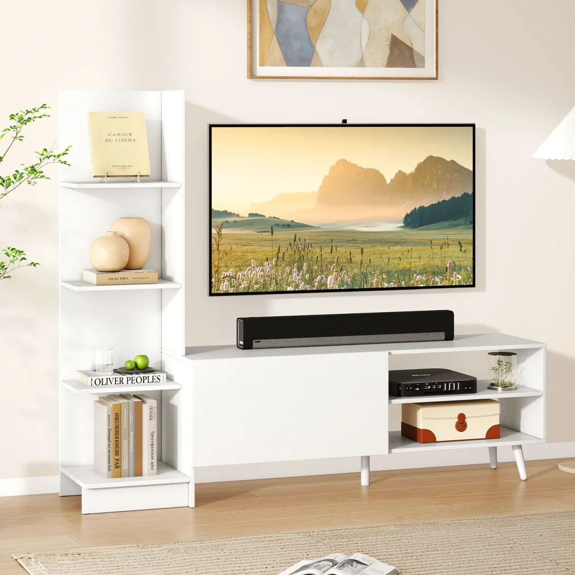 Wohnwand Fernsehtisch für TV bis zu 50 Zoll TV Schrank mit Bücherregal & verstellbarem Regal Weiß 140 x 31 x 115,5 cm