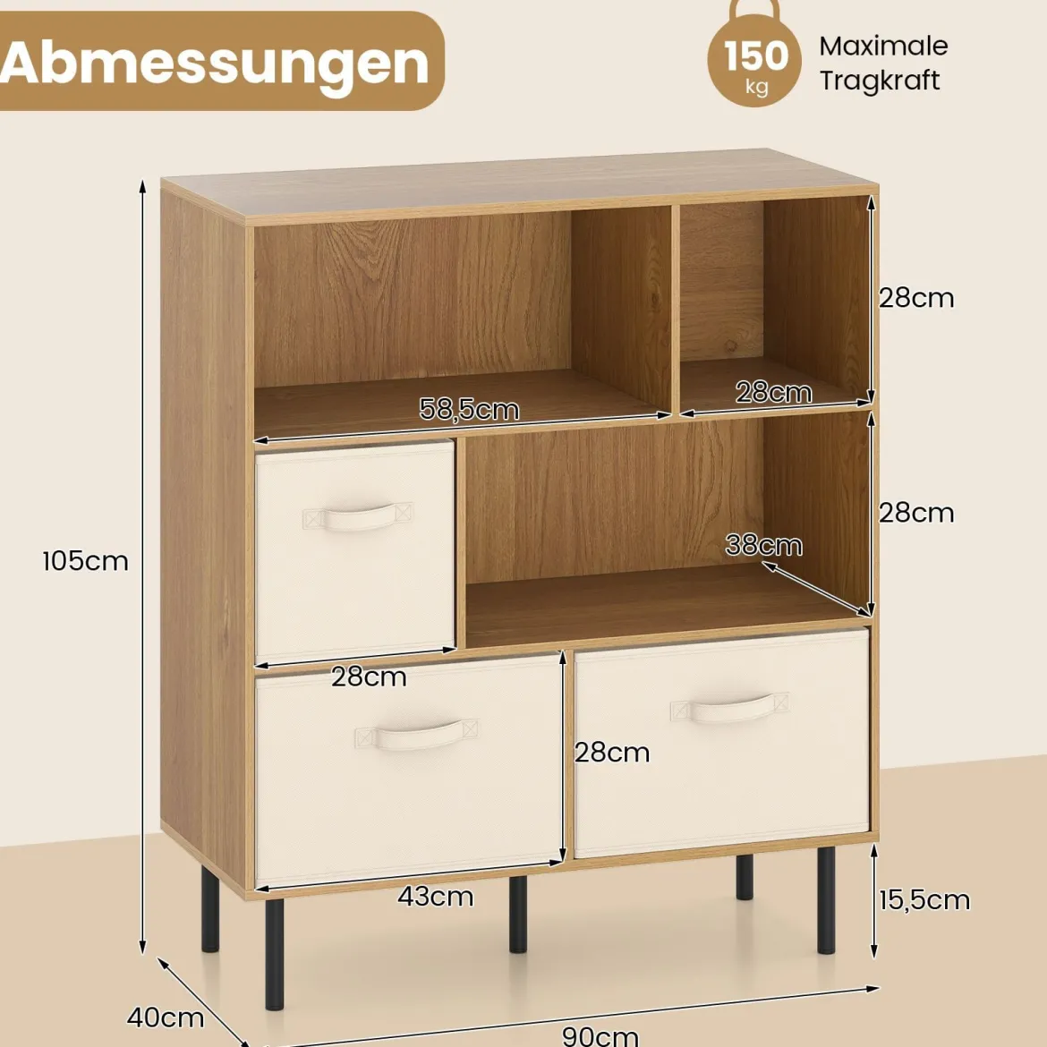 6-Würfel Bücherregal mit 3 Abnehmbaren Faltbaren Stoffschubladen 3-stufige Kommode Natur