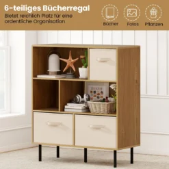 6-Würfel Bücherregal mit 3 Abnehmbaren Faltbaren Stoffschubladen 3-stufige Kommode Natur