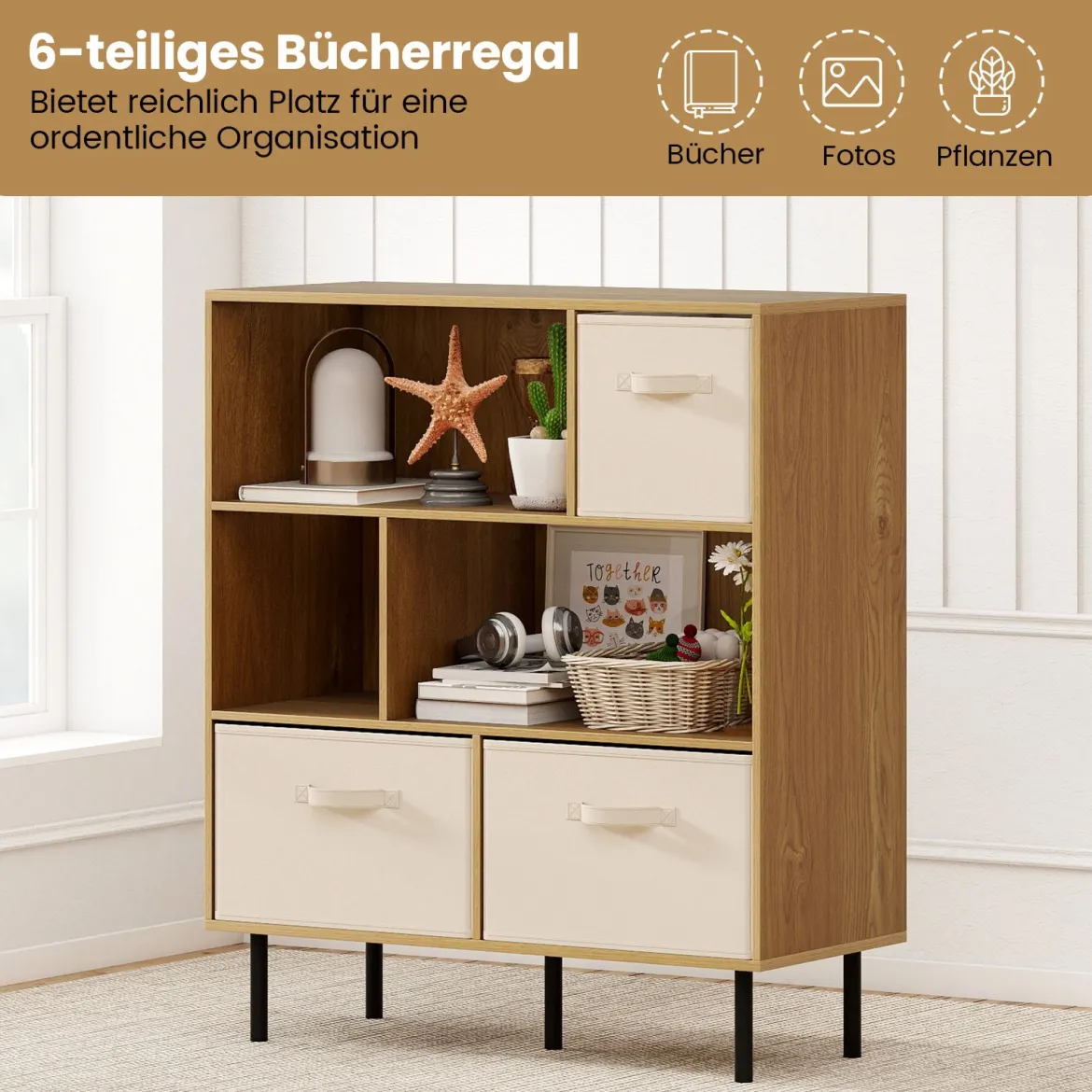 6-Würfel Bücherregal mit 3 Abnehmbaren Faltbaren Stoffschubladen 3-stufige Kommode Natur