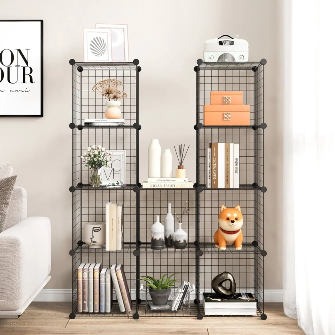 Würfelregal aus Drahtgitter mit 12 Würfelfächern stapelbares modulares Bücherregal mit selbst anpassbarer Form Schwarz