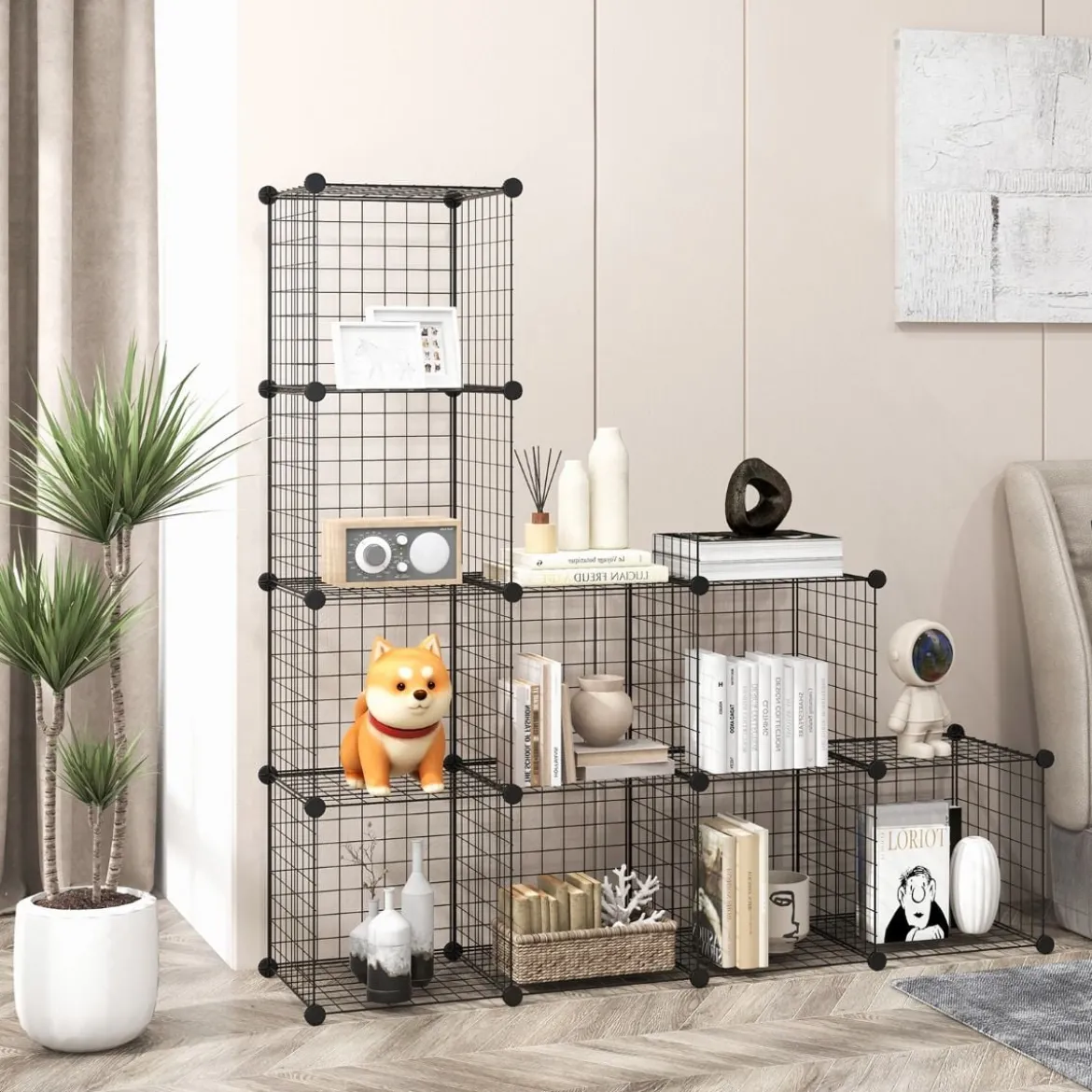 Würfelregal aus Drahtgitter mit 12 Würfelfächern stapelbares modulares Bücherregal mit selbst anpassbarer Form Schwarz