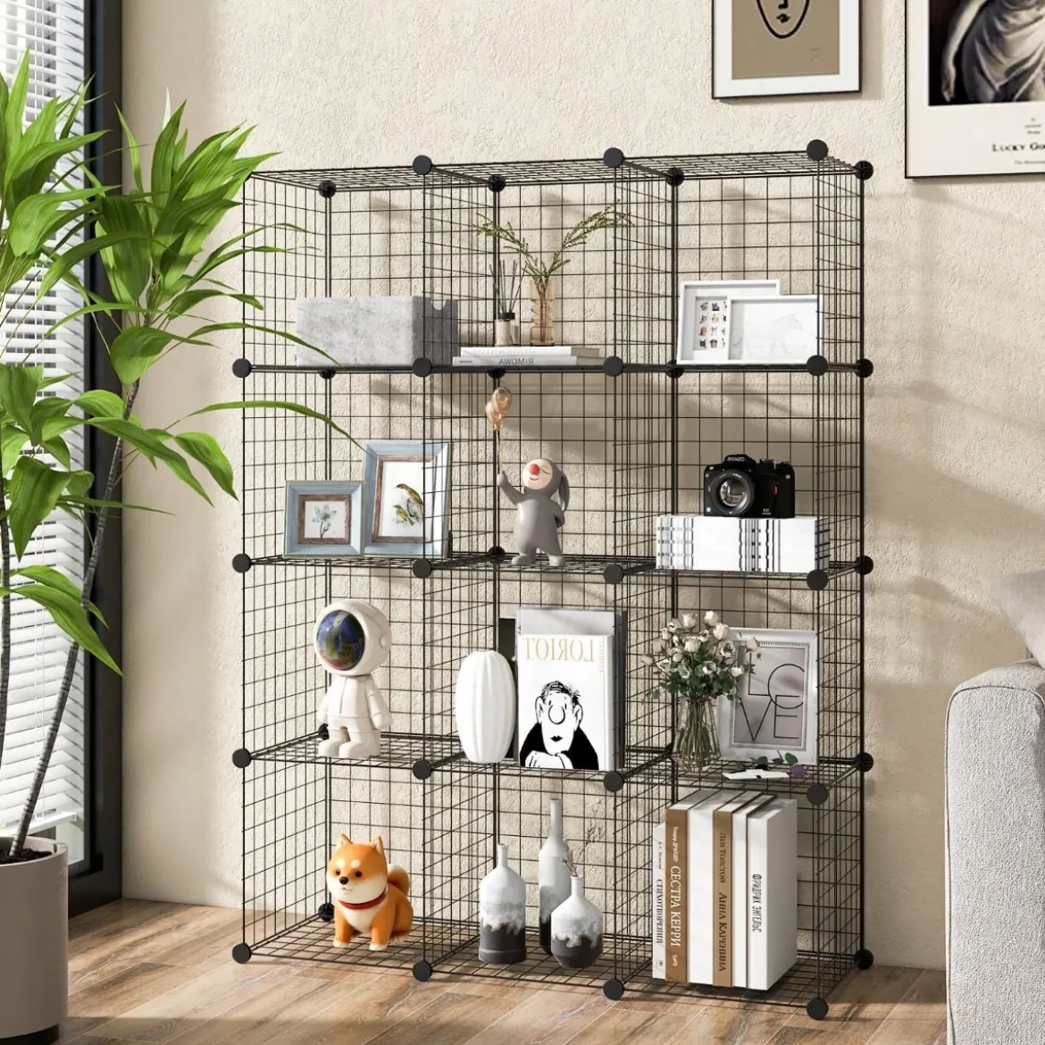 Würfelregal aus Drahtgitter mit 12 Würfelfächern stapelbares modulares Bücherregal mit selbst anpassbarer Form Schwarz