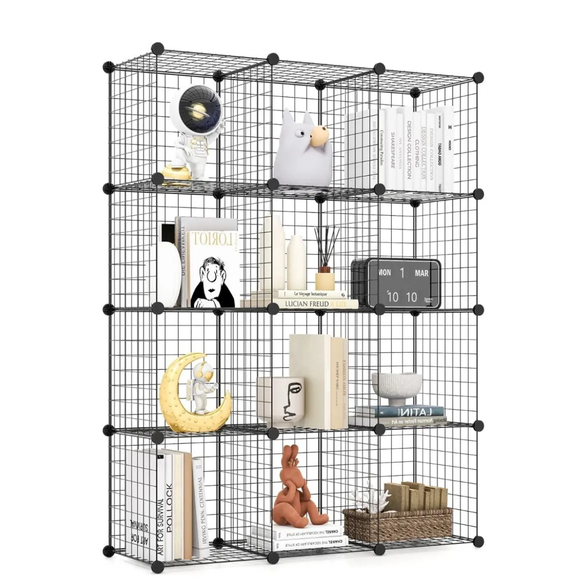 Würfelregal aus Drahtgitter mit 12 Würfelfächern stapelbares modulares Bücherregal mit selbst anpassbarer Form Schwarz