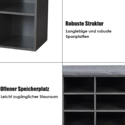 Würfelregal mit 10 Fächern Schuhbank mit Sitzfläche Schuhschrank 104 x 30 x 48 cm Grau