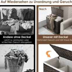 Wäschekorb mit Deckel & Griffen Wäschesammler aus PE-Rattan 66 x 33 x 61,5 cm Braun