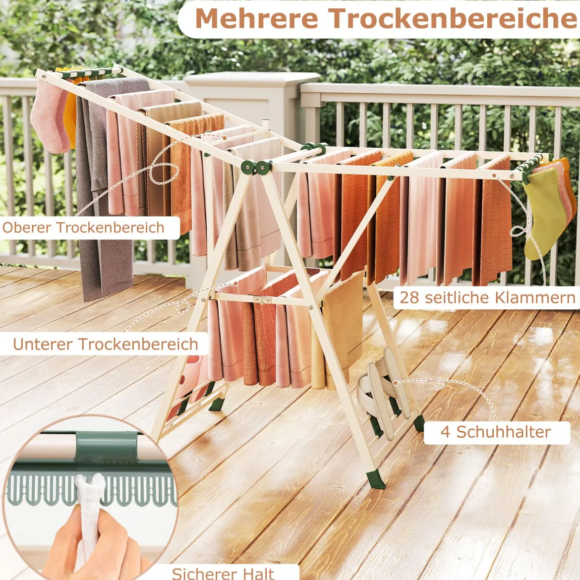 Wäscheständer klappbar mit verstellbaren Flügeln Sockenklammern & Schuhablage Wäschetrockner ausziehbar Beige 163 cm