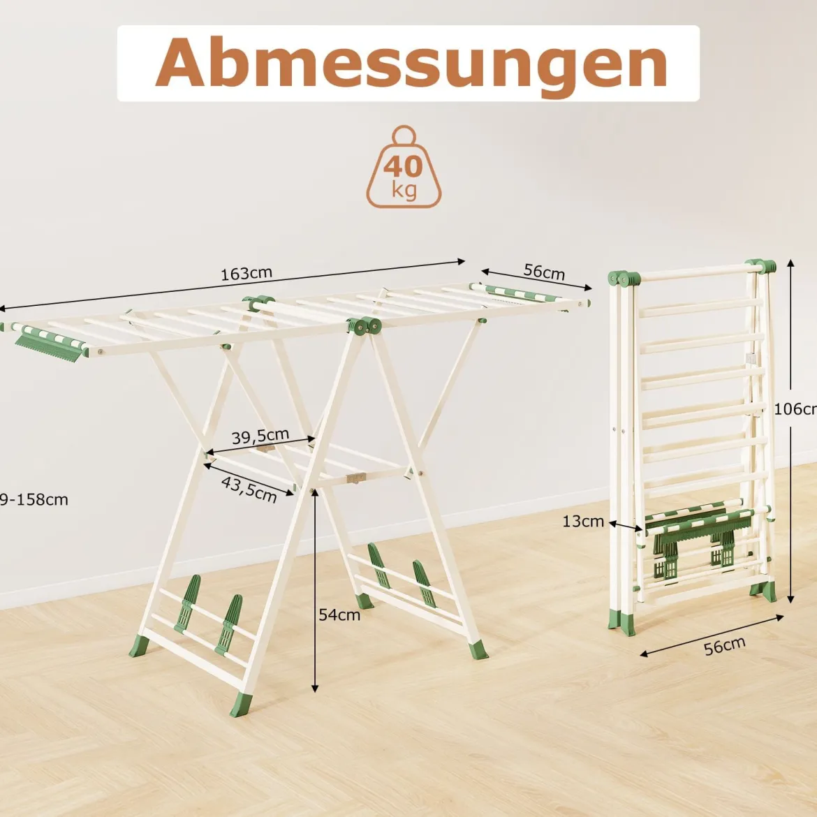 Wäscheständer klappbar mit verstellbaren Flügeln Sockenklammern & Schuhablage Wäschetrockner ausziehbar Beige 163 cm