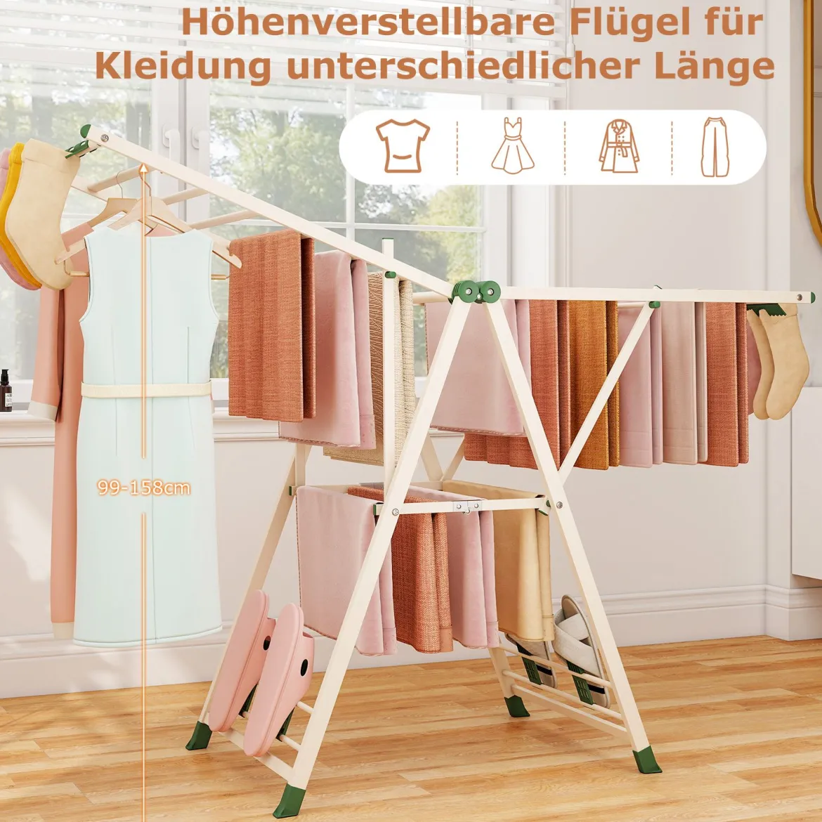 Wäscheständer klappbar mit verstellbaren Flügeln Sockenklammern & Schuhablage Wäschetrockner ausziehbar Beige 163 cm