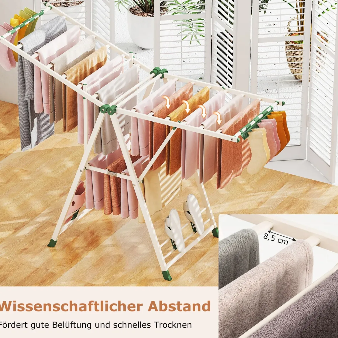 Wäscheständer klappbar mit verstellbaren Flügeln Sockenklammern & Schuhablage Wäschetrockner ausziehbar Beige 163 cm