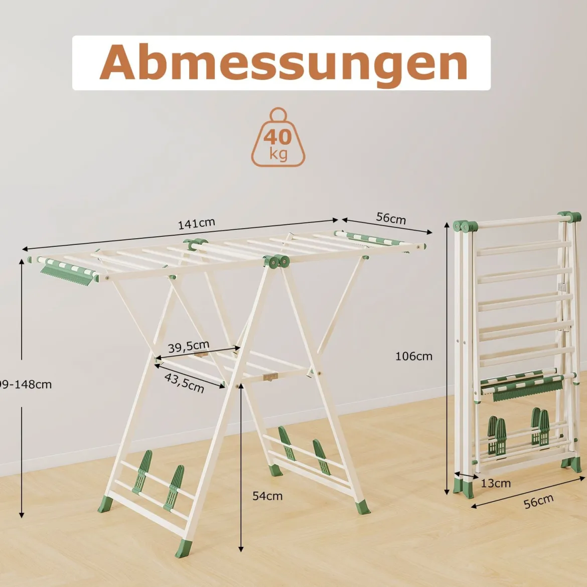 Wäscheständer klappbar mit verstellbaren Flügeln Sockenklammern & Schuhablage Trockenständer freistehend für die Wäsche Beige