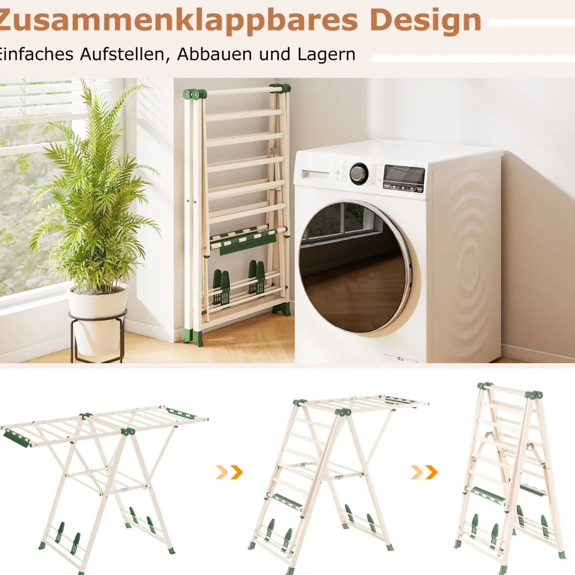 Wäscheständer klappbar mit verstellbaren Flügeln Sockenklammern & Schuhablage Trockenständer freistehend für die Wäsche Beige