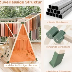 Wäscheständer klappbar mit verstellbaren Flügeln Sockenklammern & Schuhablage Trockenständer freistehend für die Wäsche Beige