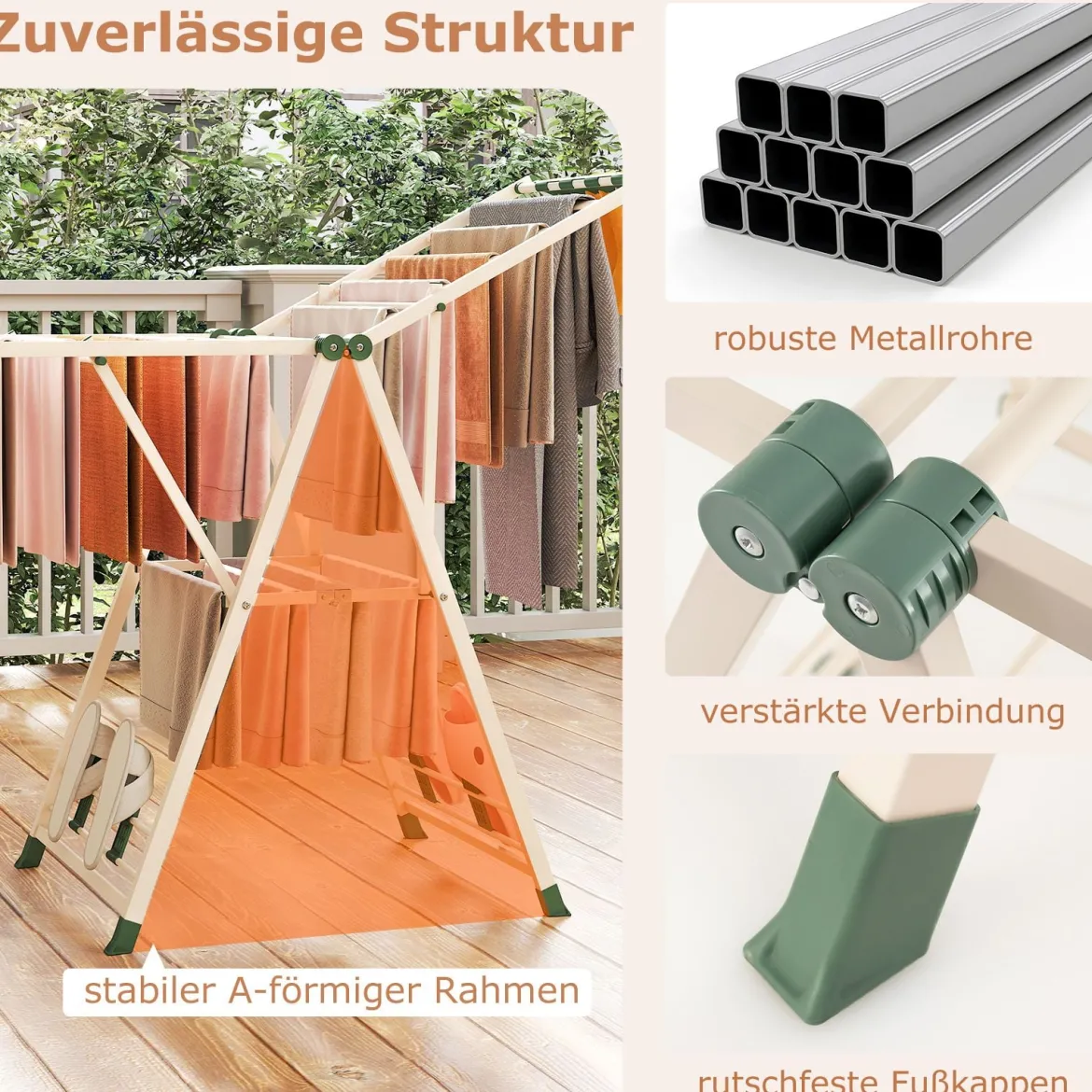 Wäscheständer klappbar mit verstellbaren Flügeln Sockenklammern & Schuhablage Trockenständer freistehend für die Wäsche Beige