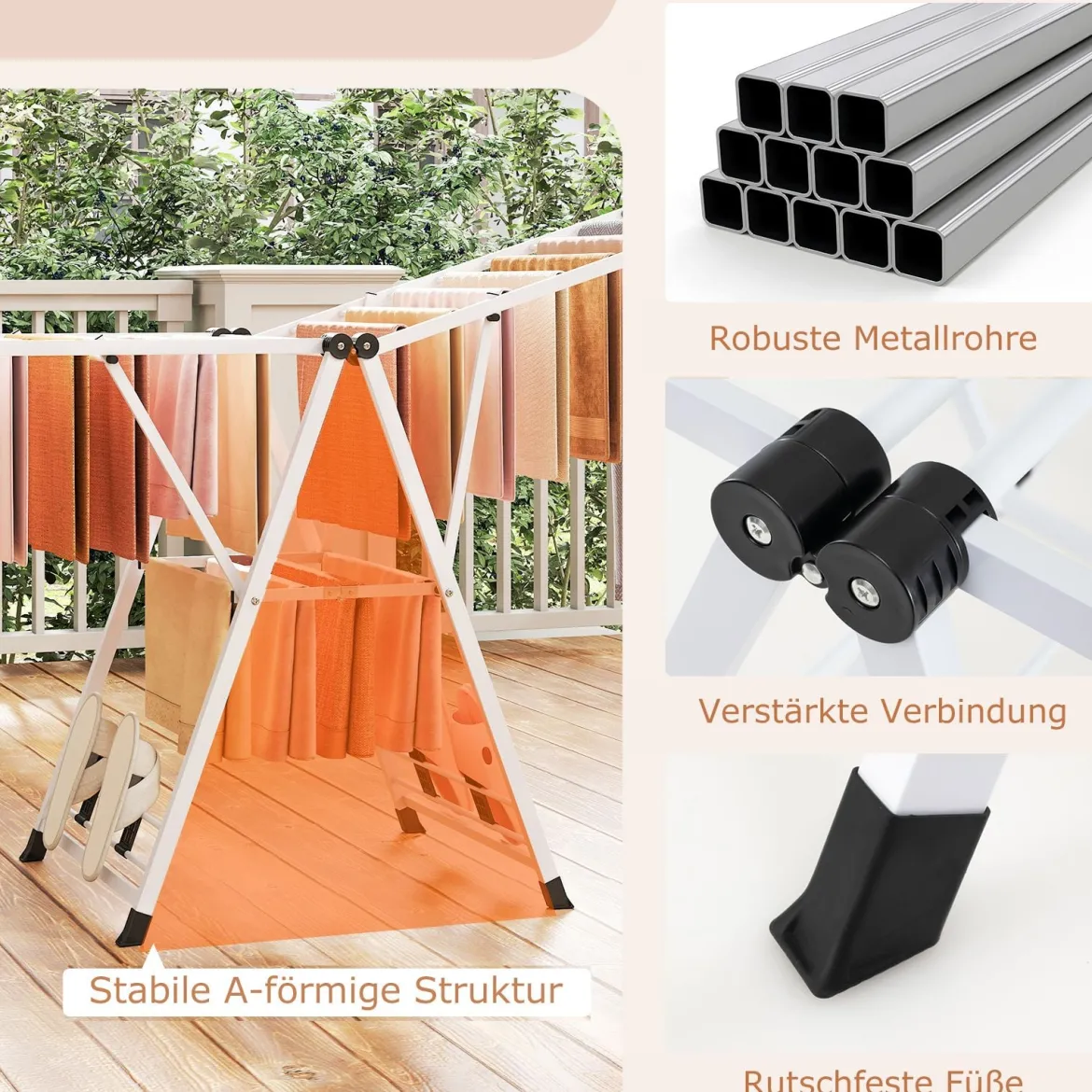 Wäscheständer klappbar mit verstellbaren Flügeln Sockenklammern & Schuhablage Wäschetrockner Weiß 184 cm